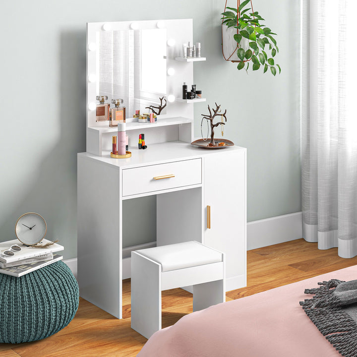 Toucador de Maquilhagem com Banco Mesa de Maquilhagem com Espelho LED Gavetas Prateleira Ajustável e Prateleiras Abertas para Dormitório Sala de Estar Branco