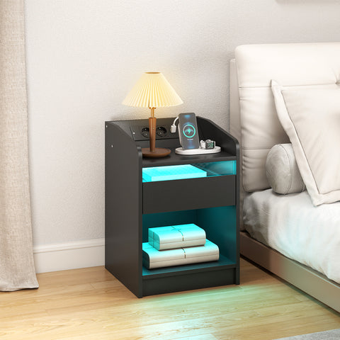 Mesa de Cabeceira com Luzes LED Mesa de Cabeceira com Gaveta Prateleira Estação de Carregamento Entrada USB e Controlo Remoto 40x40x58 cm Branco