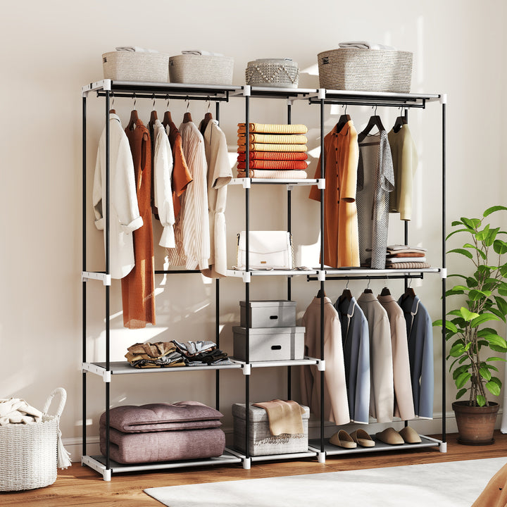 Armário para Roupas 182x43x185 cm Armário Aberto com 8 Prateleiras de Tecido Barras para Pendurar Estrutura de Metal para Quarto Sala Vestiário Cinzento Claro