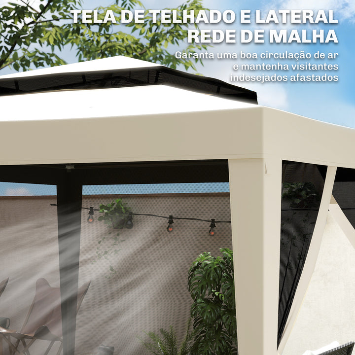 Pérgola de Jardim 297x297x268 cm Pérgola com 4 Redes Mosquiteiras Laterais com Fecho de Correr Teto de Ventilação e 8 Orifícios de Drenagem Pérgola para Terraço Pátio Exterior Bege