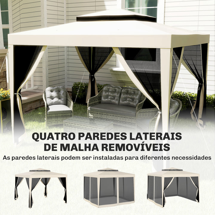 Pérgola de Jardim 297x297x268 cm Pérgola com 4 Redes Mosquiteiras Laterais com Fecho de Correr Teto de Ventilação e 8 Orifícios de Drenagem Pérgola para Terraço Pátio Exterior Bege