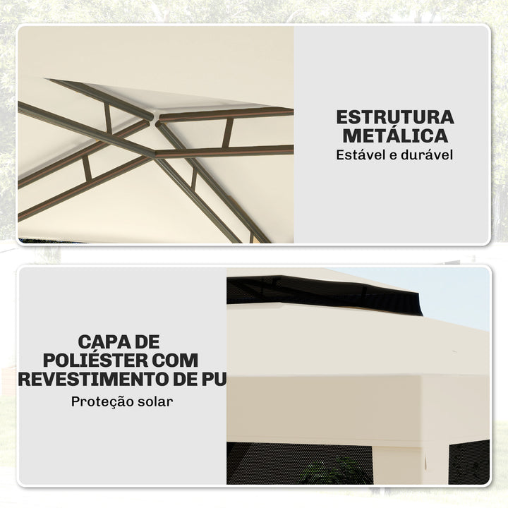 Pérgola de Jardim 297x297x268 cm Pérgola com 4 Redes Mosquiteiras Laterais com Fecho de Correr Teto de Ventilação e 8 Orifícios de Drenagem Pérgola para Terraço Pátio Exterior Bege