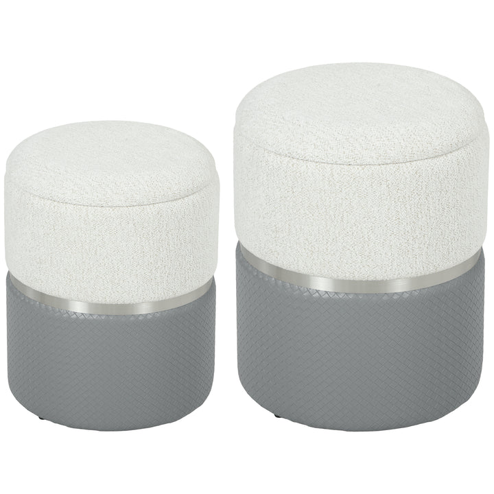 Conjunto de 2 Puffs de Arrumação Baús de Arrumação Redondos Estofados em Chenille e PU Assento Acolchoado para Entrada Quarto Sala Cinzento e Creme