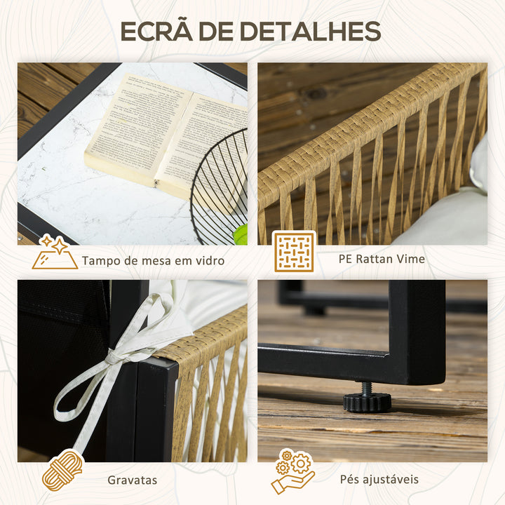 Conjunto de Móveis de Jardim de Vime Sintético Conjunto de 4 Peças Móveis de Jardim com 2 Poltronas 1 Sofá de 2 Lugares 1 Mesa de Centro e Almofadas Creme