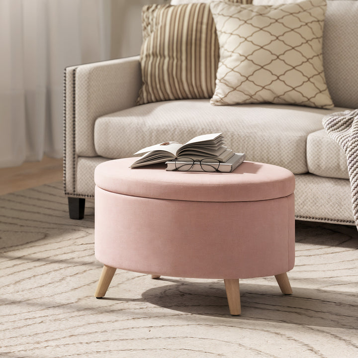 Otomano Puff Estofado em Veludo Acolchoado Banco de Armazenamento com Tampa Removível e Pés de Madeira para Dormitórios Sala de Estar Corredor 71x51,5x42 cm Rosa