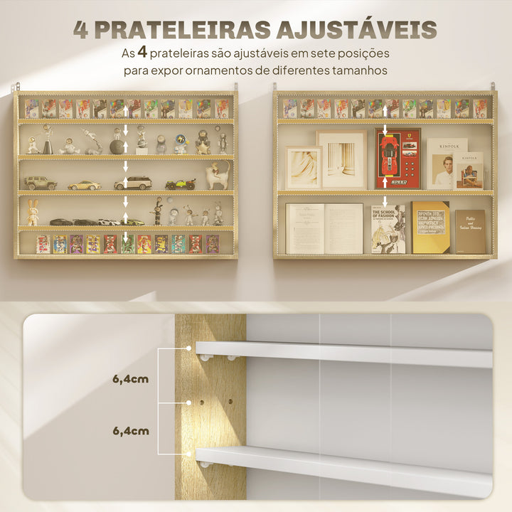 Vitrine de Parede de Madeira com Prateleiras Ajustáveis e 2 Portas Corredeiras de Vidro para Coleções Perfumes Bonecos de Decoração 80x9,5x60cm Madeira e Branco