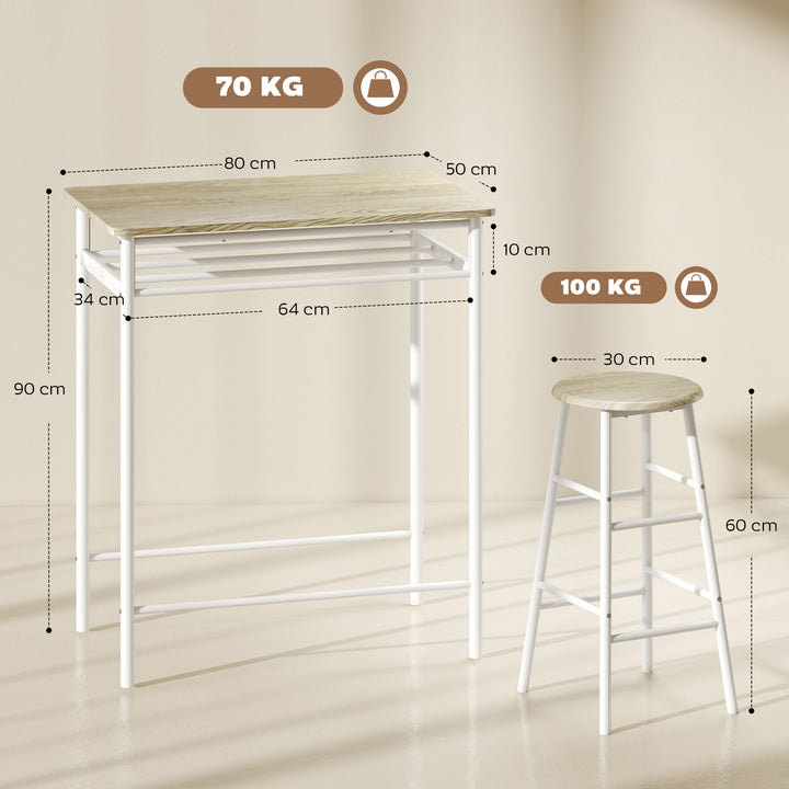 Conjunto de Móvel Bar Conjunto de Mesa Alta e 2 Bancos com Prateleira de Armazenamento e Estrutura de Metal para Cozinha Sala de Jantar 80x50x90cm Branco e Madeira