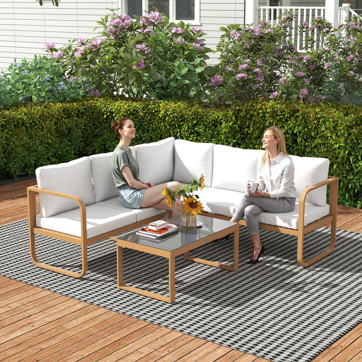 Conjunto de Jardim de 3 Peças Móveis de Exterior com Sofá de 3 Lugares com Assento Ajustável Sofá de 2 Lugares e Mesa de Centro de Vidro com Almofadas Creme