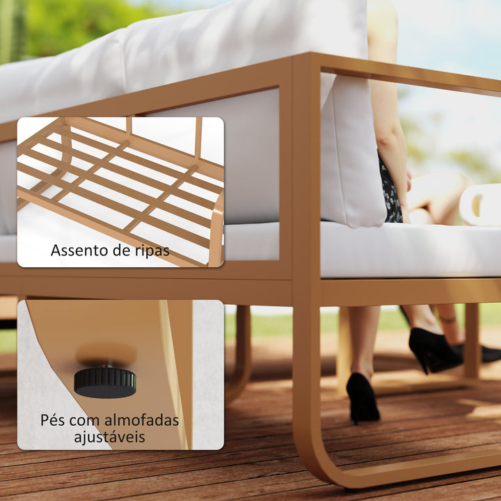 Conjunto de Jardim de 3 Peças Móveis de Exterior com Sofá de 3 Lugares com Assento Ajustável Sofá de 2 Lugares e Mesa de Centro de Vidro com Almofadas Creme