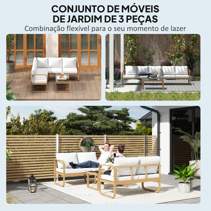 Conjunto de Jardim de 3 Peças Móveis de Exterior com Sofá de 3 Lugares com Assento Ajustável Sofá de 2 Lugares e Mesa de Centro de Vidro com Almofadas Creme