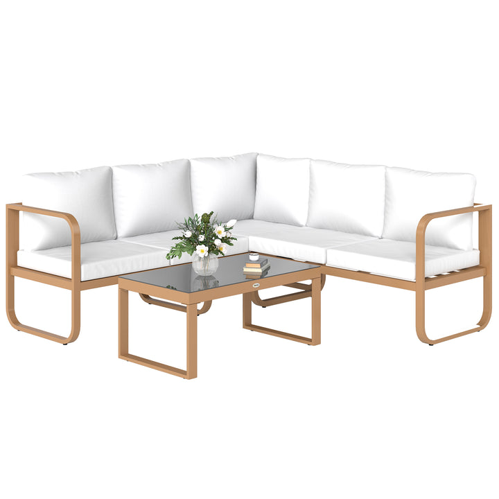 Conjunto de Jardim de 3 Peças Móveis de Exterior com Sofá de 3 Lugares com Assento Ajustável Sofá de 2 Lugares e Mesa de Centro de Vidro com Almofadas Creme