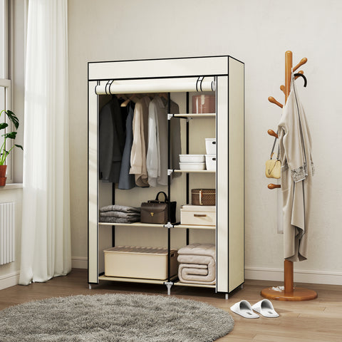 Roupeiro de Tecido Dobrável Armário de Roupa Portátil com 6 Prateleiras e 1 Barra de Pendurar para Dormitório Vestidor 103x43x162,5cm Creme