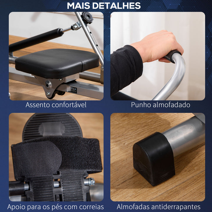 Máquina de Remo Hidráulico Dobrável com 4 Níveis de Resistência Ecrã Digital e Pedal Antiderrapante para Fitness em Casa Aço 129x70x70cm Preto e Prata