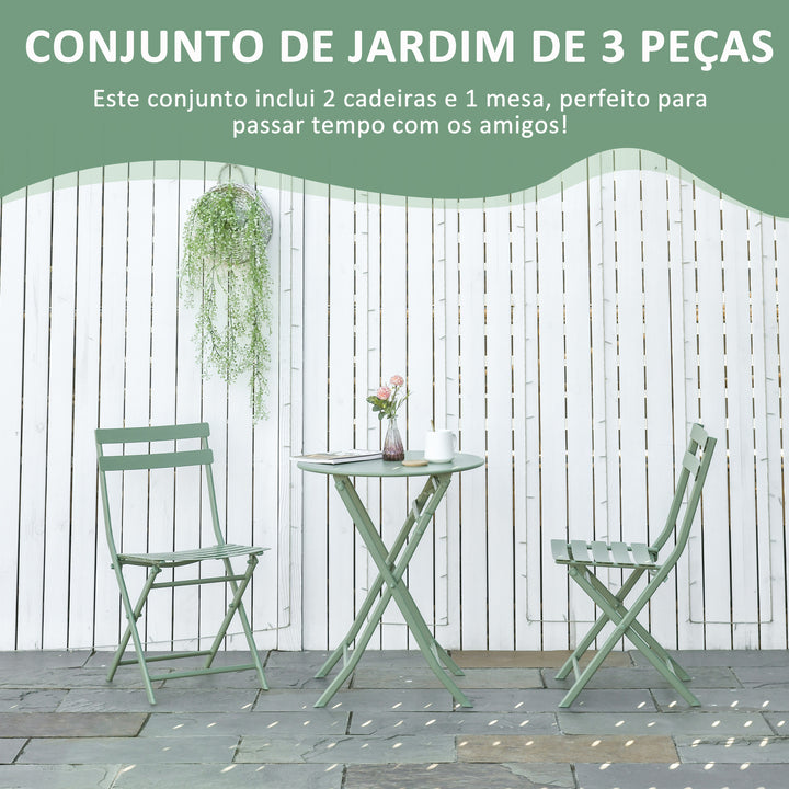 Conjunto de Móveis de Jardim Dobráveis Conjunto de 1 Mesa Redonda e 2 Cadeiras de Varanda com Estrutura de Aço para Pátio Verde Escuro