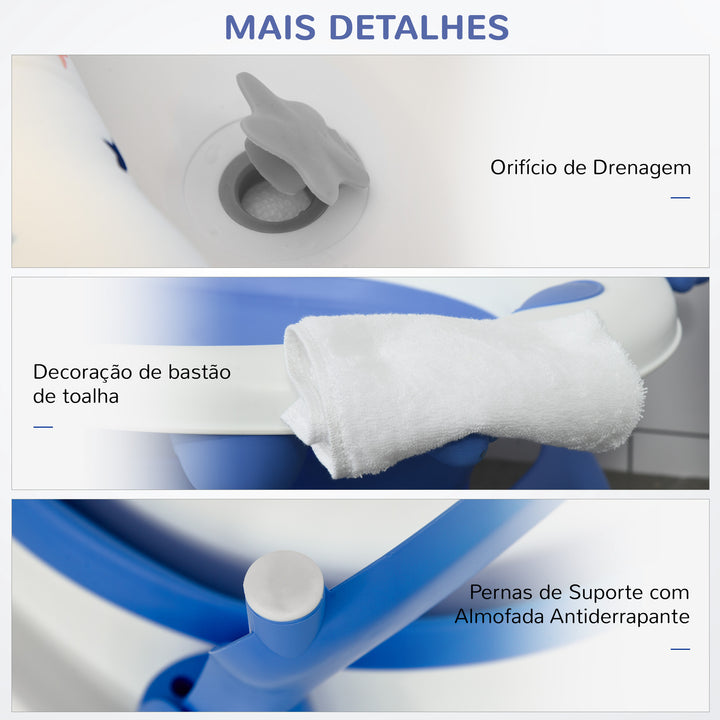 Banheira para Bebé Recém Nascido até 3 Anos Dobrável 30 Litros com Tampa Termossensível e Almofada Confortável Almofadas Antiderrapantes 81,5x50,5x23,5cm Azul e Branco