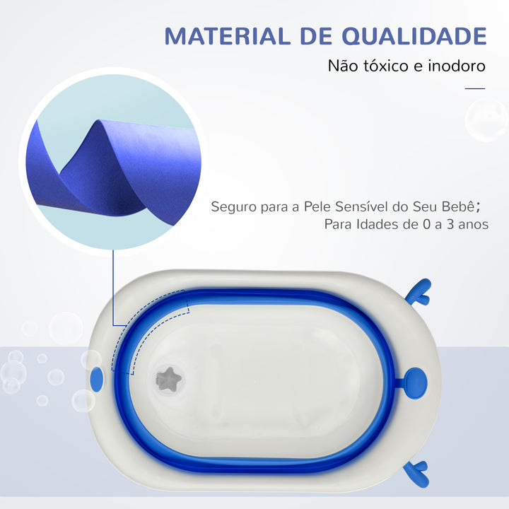 Banheira para Bebé Recém Nascido até 3 Anos Dobrável 30 Litros com Tampa Termossensível e Almofada Confortável Almofadas Antiderrapantes 81,5x50,5x23,5cm Azul e Branco