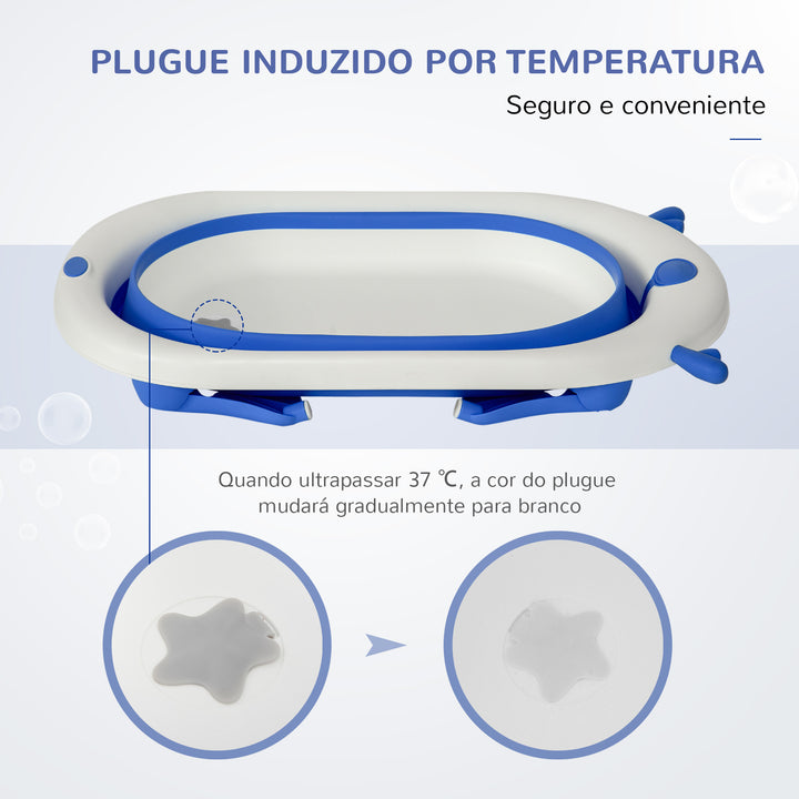 Banheira para Bebé Recém Nascido até 3 Anos Dobrável 30 Litros com Tampa Termossensível e Almofada Confortável Almofadas Antiderrapantes 81,5x50,5x23,5cm Azul e Branco