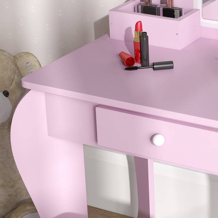 Toucador Infantil para Meninas e Meninos acima de 3 Anos Toucador de Maquilhagem com Banco e Espelho Toucador para Meninas com Gaveta e Caixas de Arrumação em Forma de Nuvem Rosa