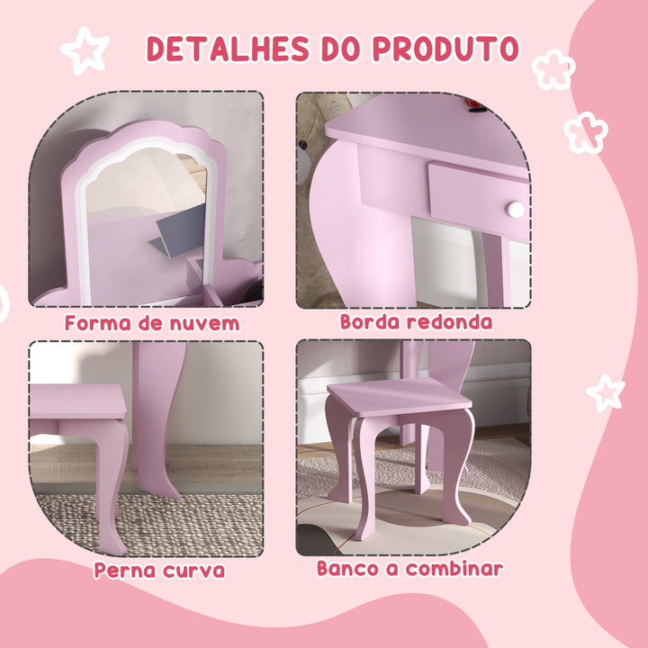 Toucador Infantil para Meninas e Meninos acima de 3 Anos Toucador de Maquilhagem com Banco e Espelho Toucador para Meninas com Gaveta e Caixas de Arrumação em Forma de Nuvem Rosa