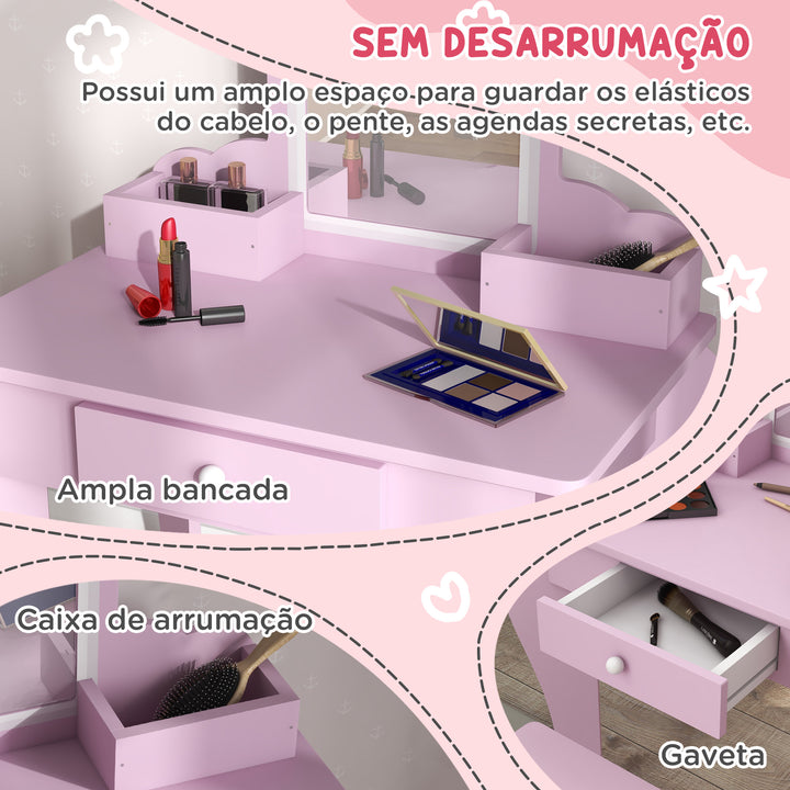 Toucador Infantil para Meninas e Meninos acima de 3 Anos Toucador de Maquilhagem com Banco e Espelho Toucador para Meninas com Gaveta e Caixas de Arrumação em Forma de Nuvem Rosa