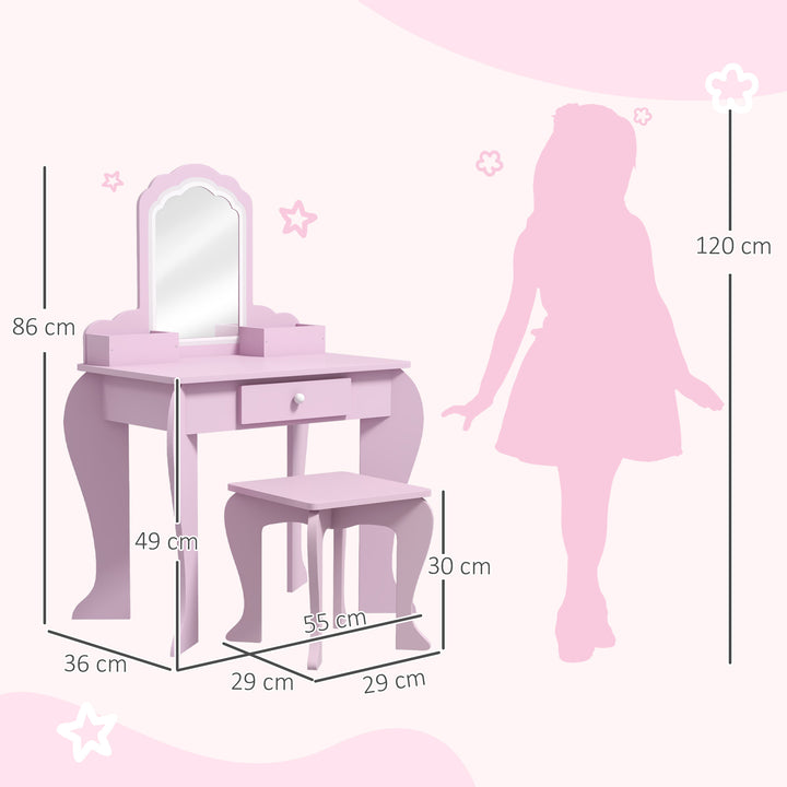 Toucador Infantil para Meninas e Meninos acima de 3 Anos Toucador de Maquilhagem com Banco e Espelho Toucador para Meninas com Gaveta e Caixas de Arrumação em Forma de Nuvem Rosa