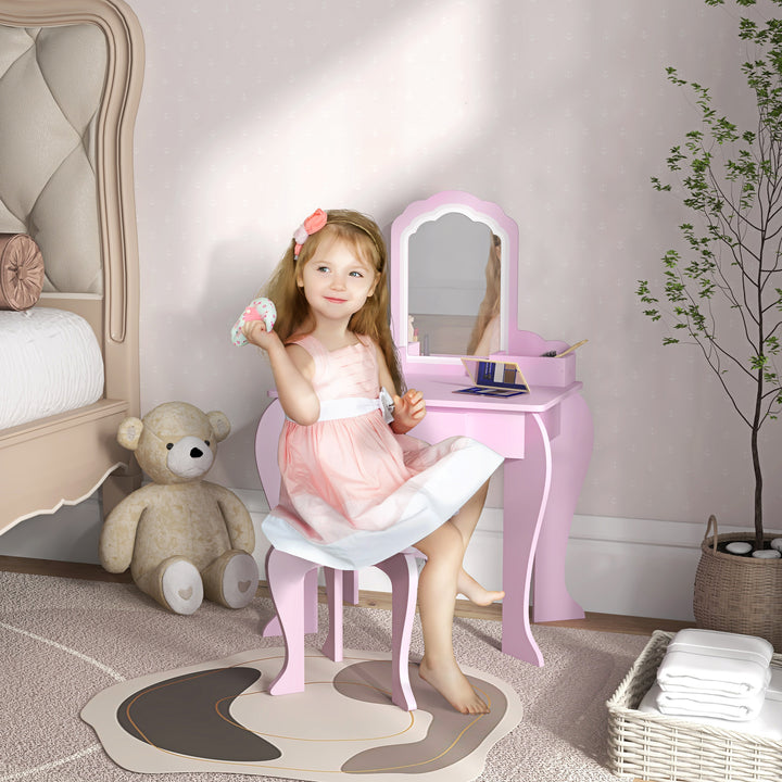 Toucador Infantil para Meninas e Meninos acima de 3 Anos Toucador de Maquilhagem com Banco e Espelho Toucador para Meninas com Gaveta e Caixas de Arrumação em Forma de Nuvem Rosa