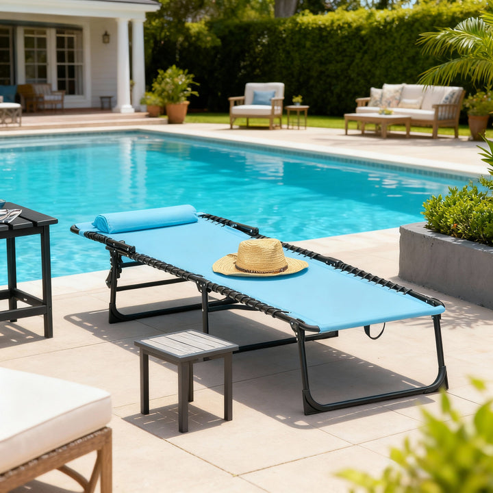 Espreguiçadeira de jardim dobrável e ajustável com 3 posições sistema de laço Estrutura de Aço 197x58x76 cm azul claro