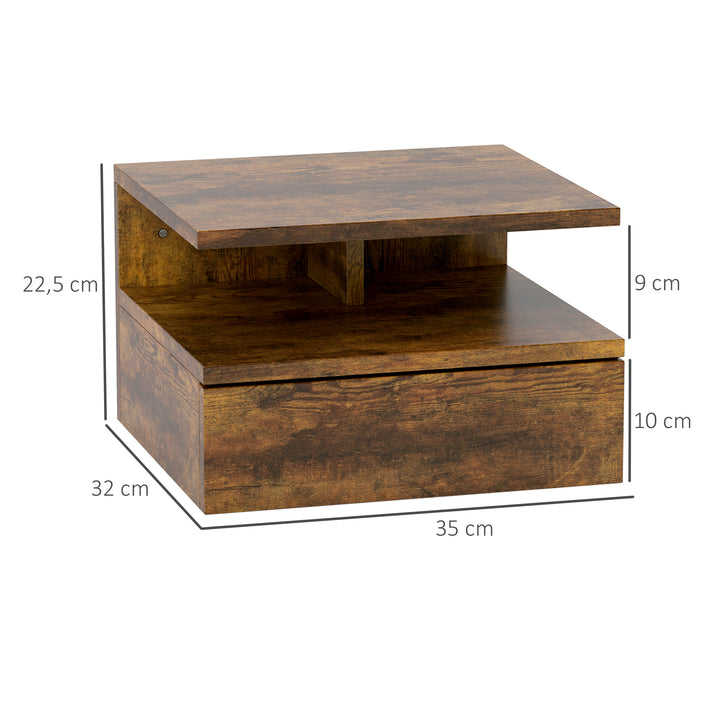 Conjunto de 2 Mesas de Cabeceira Flutuantes, Mesas de Cabeceira com Gaveta e Prateleira Aberta, Design Moderno e Poupa Espaço, Castanho Rústico, 35x32x22,5 cm