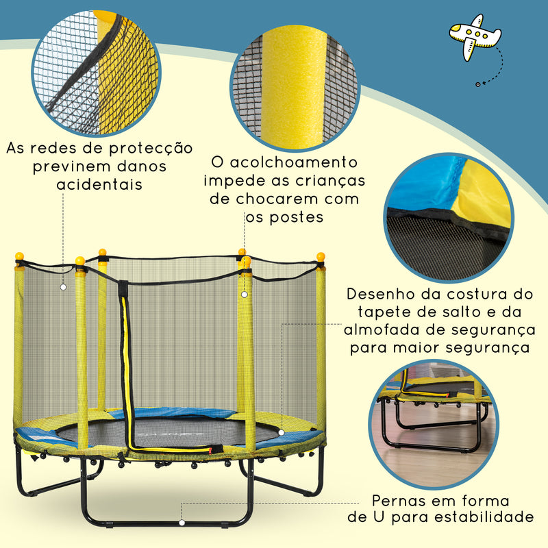 Trampolim Infantil Ø140 cm Trampolim para Crianças de 1-10 Anos com Rede de Segurança e 3 Pés de Aço em Forma de U Carga Máxima 50 kg para Interior Ø140x113 cm Amarelo