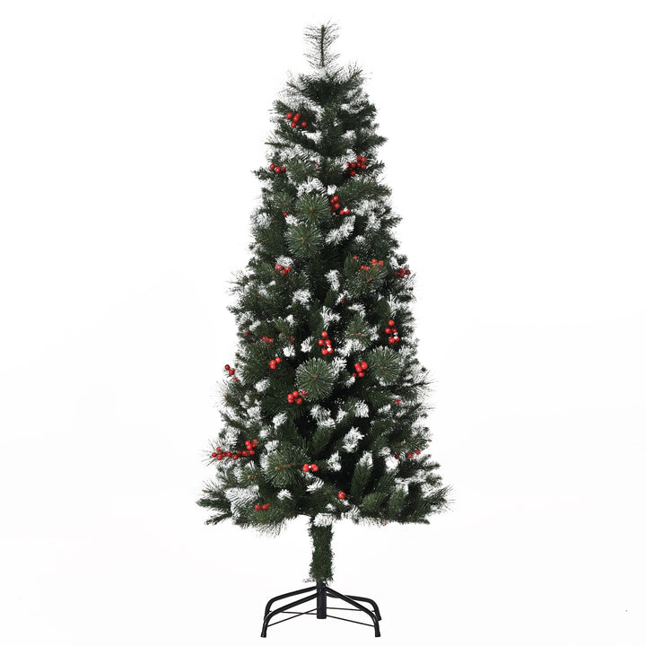 Árvore de Natal Artificial 150cm Ignífugo com 360 Ramos 38 Bagas Folhas de PVC Base Dobrável e Suporte Metálico Decoração de Natal para Interiores Verde