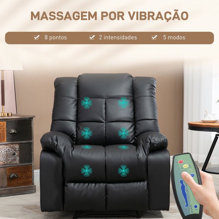 Poltrona de Massagem Poltrona Relax Reclinável com 8 Pontos de Massagem Controlo Remoto Estofada em PU Apoio para Pés Bolso Lateral Poltrona para Sala de Estar Quarto 94x99x99 cm Preto