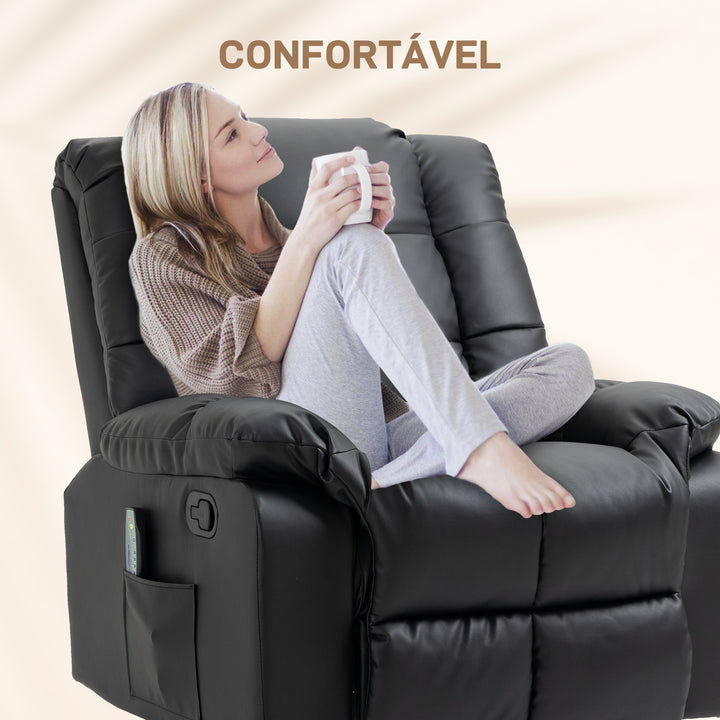 Poltrona de Massagem Poltrona Relax Reclinável com 8 Pontos de Massagem Controlo Remoto Estofada em PU Apoio para Pés Bolso Lateral Poltrona para Sala de Estar Quarto 94x99x99 cm Preto