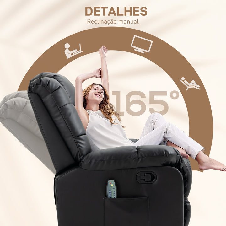 Poltrona de Massagem Poltrona Relax Reclinável com 8 Pontos de Massagem Controlo Remoto Estofada em PU Apoio para Pés Bolso Lateral Poltrona para Sala de Estar Quarto 94x99x99 cm Preto