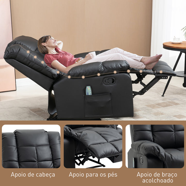 Poltrona de Massagem Poltrona Relax Reclinável com 8 Pontos de Massagem Controlo Remoto Estofada em PU Apoio para Pés Bolso Lateral Poltrona para Sala de Estar Quarto 94x99x99 cm Preto