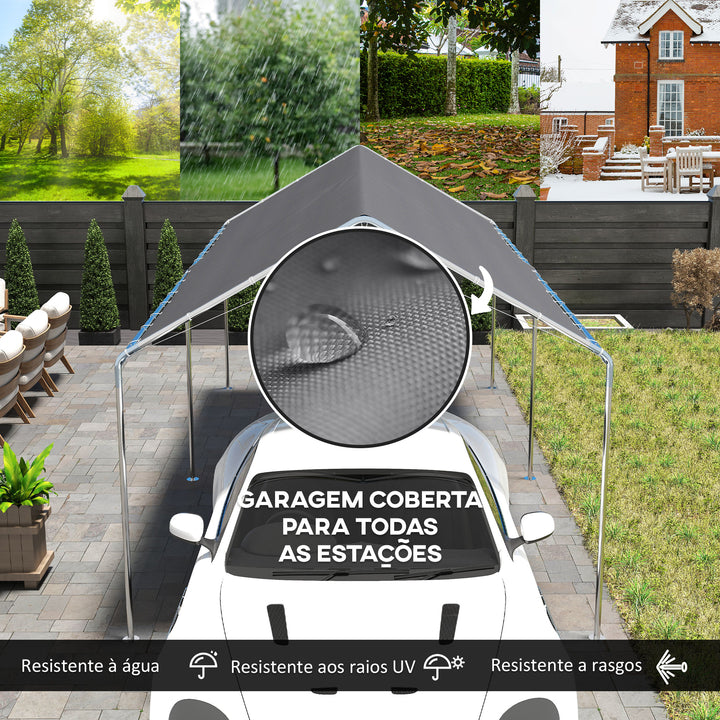 Tenda Garagem para Carro 3x6 m Abrigo Exterior Portátil com Estrutura de Aço Galvanizado Impermeável, Anti-UV Tenda de Jardim com Acessórios para Eventos Festas Cinzento