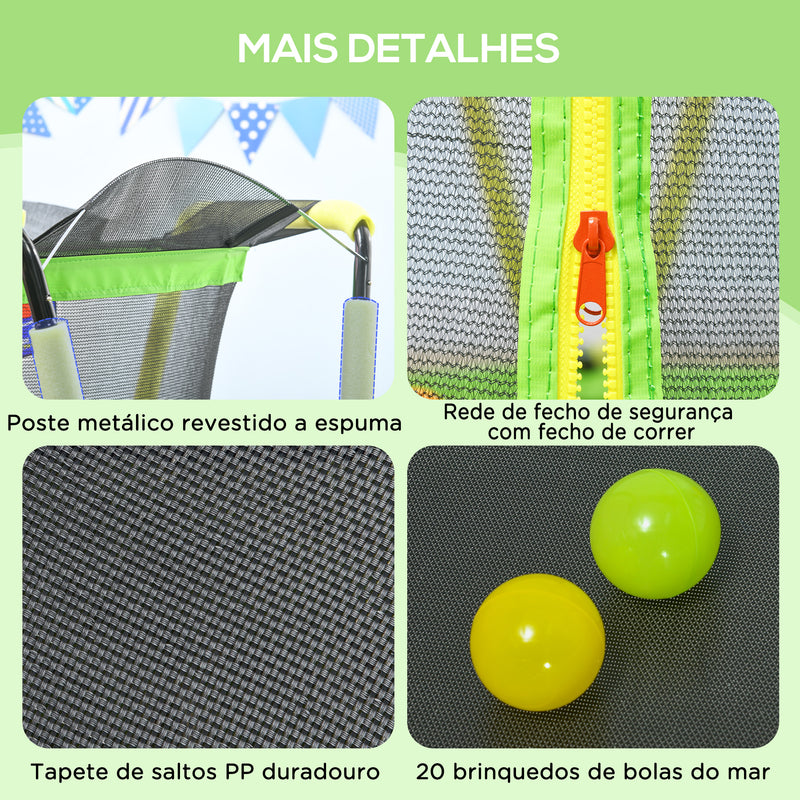 Trampolim Infantil Ø140x155 cm Trampolim para Crianças de 3-10 Anos com Rede de Segurança Cesta de Basquetebol e 20 Bolas de Plástico para Interior Verde