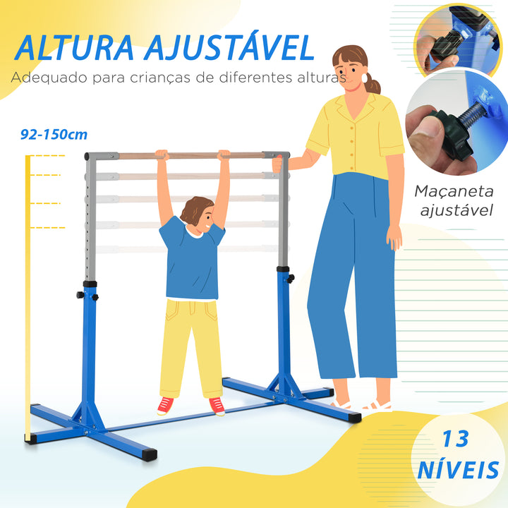Barra de Ginástica para Crianças acima de 3 Anos Barra de Treino com Altura Ajustável 92-150 cm Barra Horizontal de Ginástica Carga 75 kg 194x121x150 cm Azul