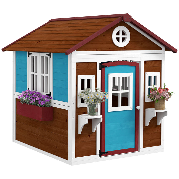 Casa de Brincar Infantil para Jardim Casa de Madeira para Crianças com Porta Janelas e Floreiras 114x126,5x135 cm Marróm Escuro