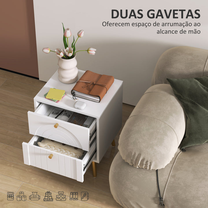 Conjunto de 2 Mesas de Cabeceira Mesas de Cabeceira para Dormitório com 2 Gavetas e Pés de Aço Estilo Moderno 40x35x50 cm Branco