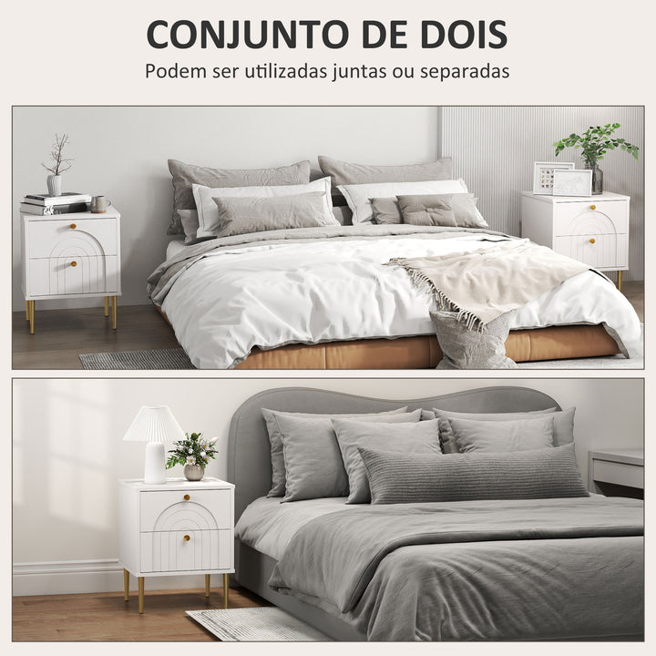 Conjunto de 2 Mesas de Cabeceira Mesas de Cabeceira para Dormitório com 2 Gavetas e Pés de Aço Estilo Moderno 40x35x50 cm Branco