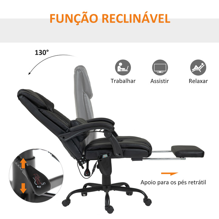 Cadeira de Escritório com Massagem de 6 Pontos Cadeira Giratória com Encosto Alto Reclinável Altura Ajustável Apoio para Pés e Controlo Remoto 66x75x112-122 cm Preto