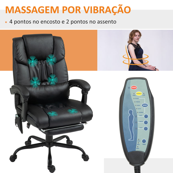 Cadeira de Escritório com Massagem de 6 Pontos Cadeira Giratória com Encosto Alto Reclinável Altura Ajustável Apoio para Pés e Controlo Remoto 66x75x112-122 cm Preto