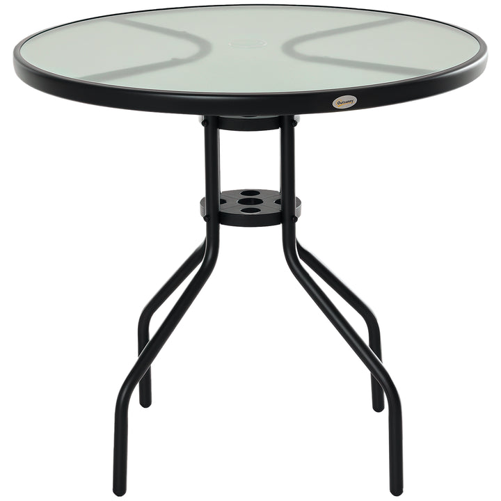 Mesa de Jardim Redonda Mesa Sala de Jantar de Cristal Temperado com Orifício para Chapéu de Sol Estrutura Metálica para Pátio Terraço Exterior Ø80x72cm Preto