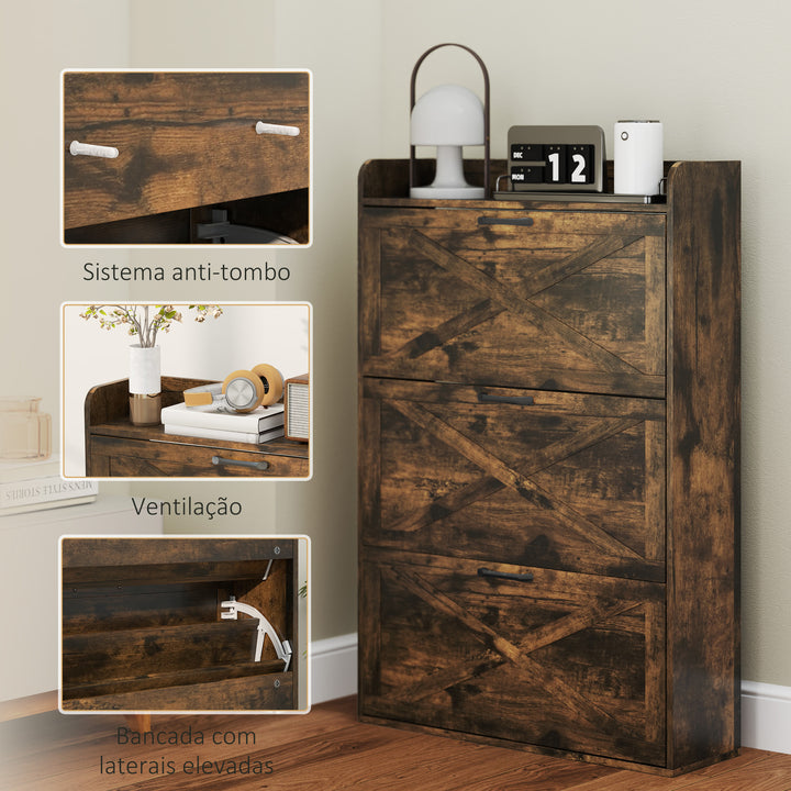 Sapateira de 3 Portas Móvel Sapateira Estreita com Prateleiras Ajustáveis Estilo Industrial para 24 Pares de Sapatos Móvel Auxiliar para Entrada 80x24x118 cm Castanho Rústico