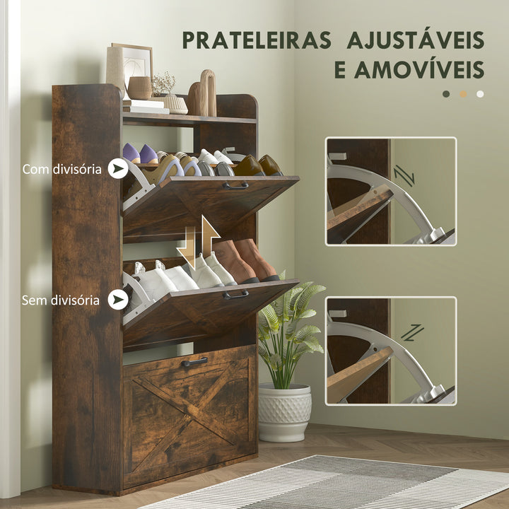 Sapateira de 3 Portas Móvel Sapateira Estreita com Prateleiras Ajustáveis Estilo Industrial para 24 Pares de Sapatos Móvel Auxiliar para Entrada 80x24x118 cm Castanho Rústico