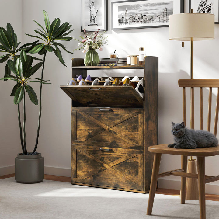 Sapateira de 3 Portas Móvel Sapateira Estreita com Prateleiras Ajustáveis Estilo Industrial para 24 Pares de Sapatos Móvel Auxiliar para Entrada 80x24x118 cm Castanho Rústico