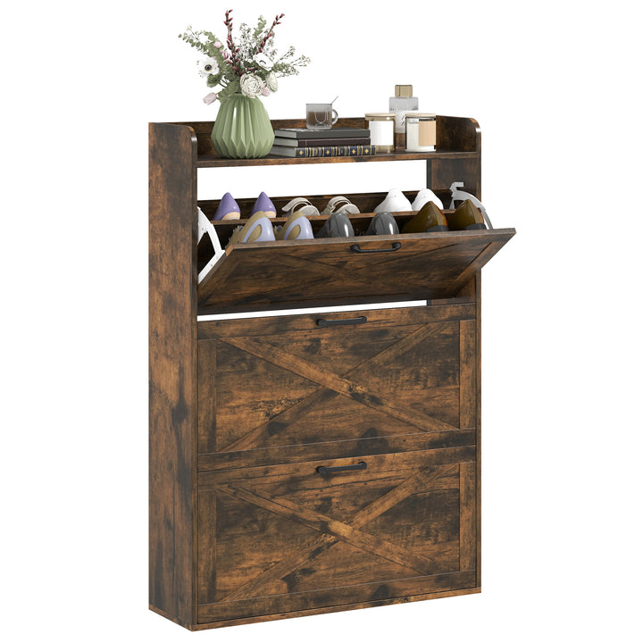 Sapateira de 3 Portas Móvel Sapateira Estreita com Prateleiras Ajustáveis Estilo Industrial para 24 Pares de Sapatos Móvel Auxiliar para Entrada 80x24x118 cm Castanho Rústico