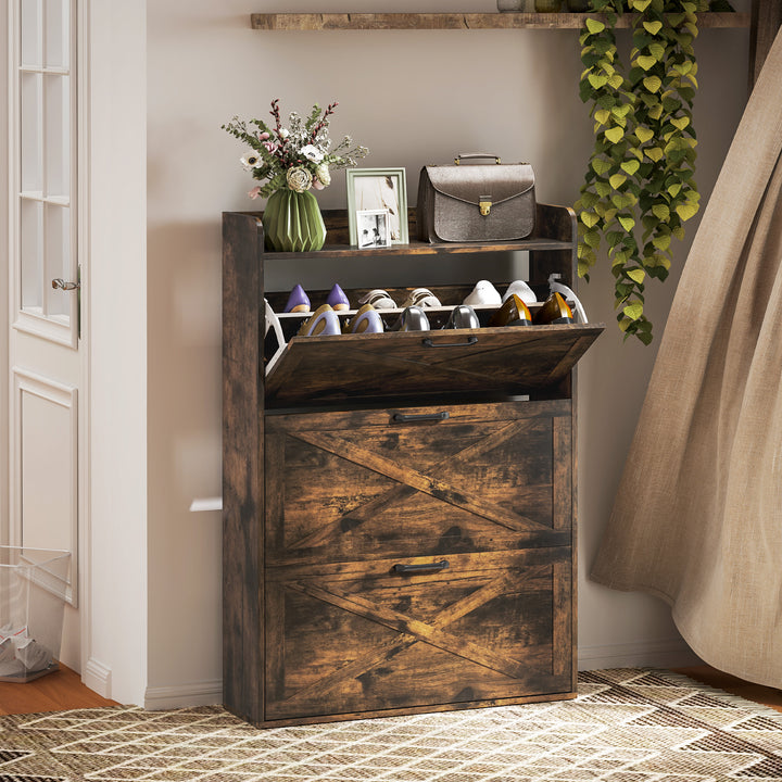 Sapateira de 3 Portas Móvel Sapateira Estreita com Prateleiras Ajustáveis Estilo Industrial para 24 Pares de Sapatos Móvel Auxiliar para Entrada 80x24x118 cm Castanho Rústico