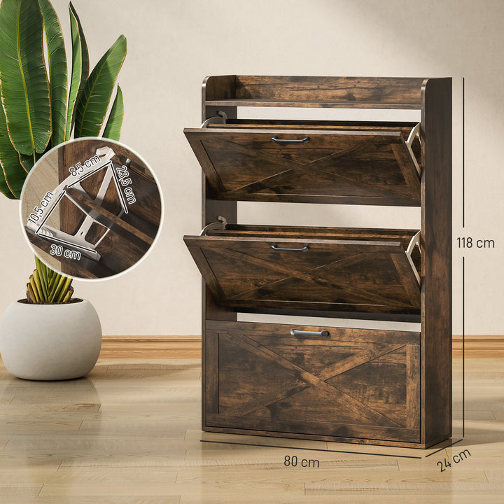 Sapateira de 3 Portas Móvel Sapateira Estreita com Prateleiras Ajustáveis Estilo Industrial para 24 Pares de Sapatos Móvel Auxiliar para Entrada 80x24x118 cm Castanho Rústico