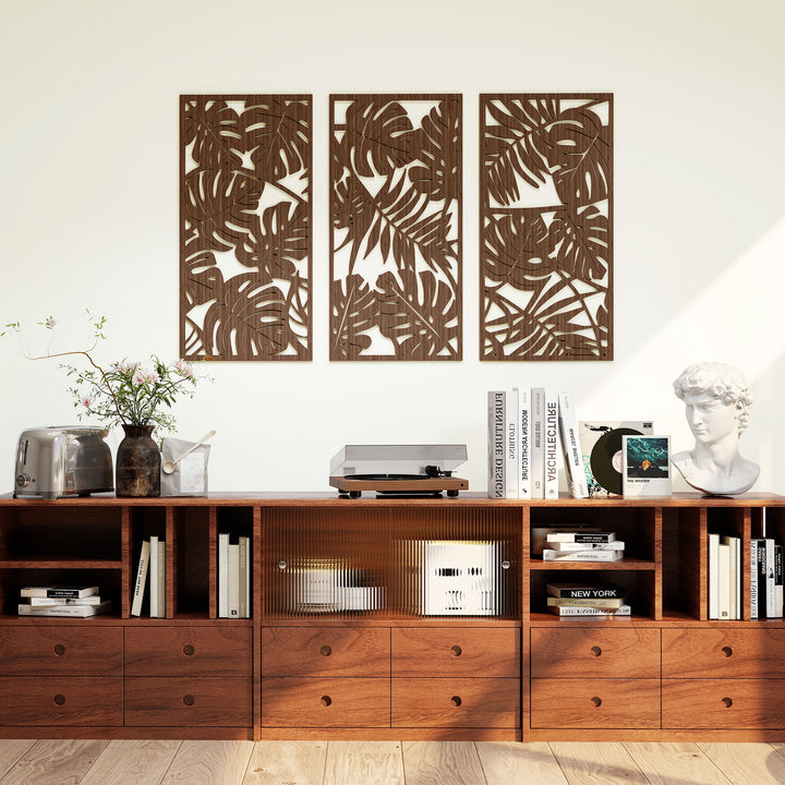 Decoração de Parede em Madeira 3D 3 Peças 40x80 cm Adornos de Parede com Padrão de Folhas Tropicais Arte Moderna para Sala Quarto Corredor Nogueira